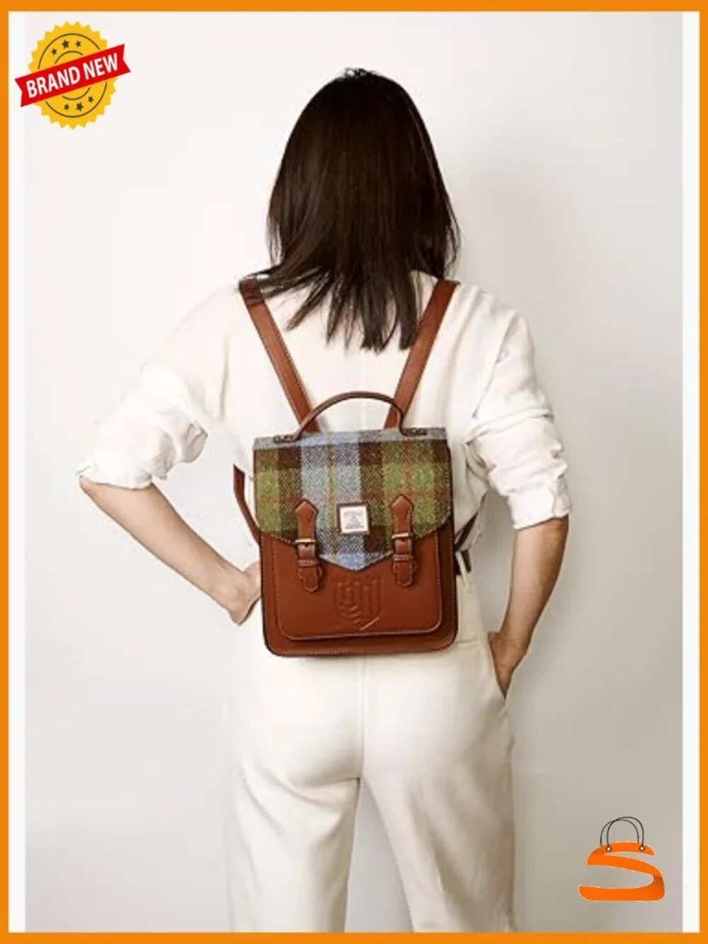 Harris Tweed Backpack with Faux Leather - Adjustable Straps